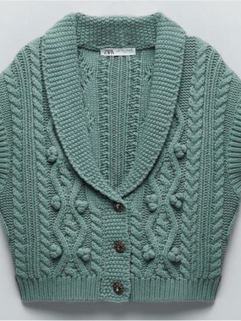 ZARA Sage Green Cable Knit Cardigan with Decorative Buttons - Picture 3 of 5